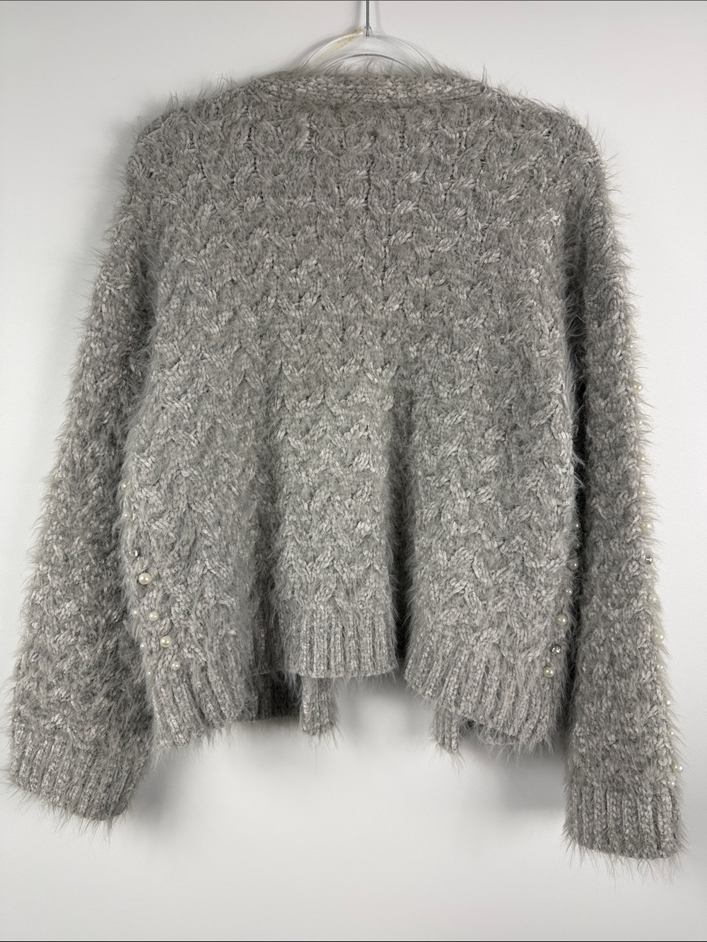 POL Alpaca Pearl Rhinestone Cardigan S Gray Fuzzy Open Front Cozy - Picture 8 of 8